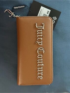 NWT Juicy Couture Jasmine Large Zip Around Wallet Tan Cognac Silver Logo